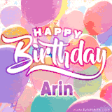 A vibrant name GIF featuring colorful balloons in shades of pink, orange, and yellow with the bold text 'Happy Birthday Arin' in festive fonts, creating a lively birthday vibe.