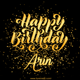Animated GIF with colorful, festive 'Happy Birthday Arin' text decorated with patterns, a party hat, and falling confetti. A vibrant and cheerful design for birthday celebrations.