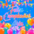 A vibrant animated GIF with 'Feliz Cumpleaños Arin' written in colorful script, surrounded by balloons, confetti, and bunting on a bright blue background.