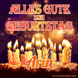 An animated GIF featuring 'Alles Gute Zum Geburtstag Arin' in glowing red and gold letters above a cake with colorful lit candles, set against a festive sparkling background.