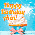A cheerful animated GIF of a cupcake with creamy frosting, a red checkered ribbon, and a bright sparkler on top. The text 'Happy Birthday Arin!' is displayed in vibrant orange and red.