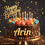 Gourmet chocolate cake on a pedestal with glowing candles and colorful whipped frosting, custom-made for Arin.
