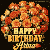 Animated bouquet of orange roses with moving butterfles and golden 'Happy Birthday Arina' text, surrounded by sparkling accents and a dark backdrop for a luxurious feel.