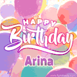 A vibrant name GIF featuring colorful balloons in shades of pink, orange, and yellow with the bold text 'Happy Birthday Arina' in festive fonts, creating a lively birthday vibe.