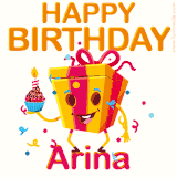 A vibrant and funny gift box character with a happy face dancing with a cupcake and the text 'Happy Birthday Arina,' surrounded by animated confetti and party vibes.
