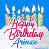 A cheerful animated GIF featuring colorful lit birthday candles on a white cake, with the text 'Happy Birthday Arinze' in bold red and blue script on a bright blue background.