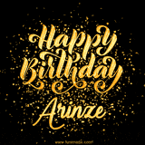 Animated GIF with colorful, festive 'Happy Birthday Arinze' text decorated with patterns, a party hat, and falling confetti. A vibrant and cheerful design for birthday celebrations.