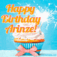 A cheerful animated GIF of a cupcake with creamy frosting, a red checkered ribbon, and a bright sparkler on top. The text 'Happy Birthday Arinze!' is displayed in vibrant orange and red.