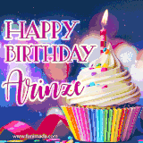 A festive animated GIF featuring a colorful cupcake with a single lit candle, sprinkles, and 'Happy Birthday Arinze' text against a sparkling, celebratory background.