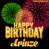 A captivating GIF with bursts of green, pink, and orange fireworks lighting up the night sky, accompanied by 'Happy Birthday Arinze' in glowing golden text.