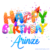 Animated GIF with colorful, festive 'Happy Birthday Arinze' text decorated with patterns, a party hat, and falling confetti. A vibrant and cheerful design for birthday celebrations.