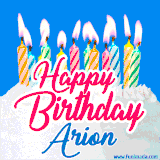 A cheerful animated GIF featuring colorful lit birthday candles on a white cake, with the text 'Happy Birthday Arion' in bold red and blue script on a bright blue background.