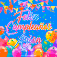 A vibrant animated GIF with 'Feliz Cumpleaños Arion' written in colorful script, surrounded by balloons, confetti, and bunting on a bright blue background.