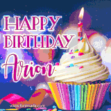 A festive animated GIF featuring a colorful cupcake with a single lit candle, sprinkles, and 'Happy Birthday Arion' text against a sparkling, celebratory background.