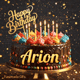 Chocolate drip cake with colorful cream peaks, candles, and a gold Happy Birthday topper on a stand, personalized for Arion.
