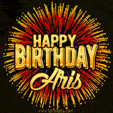 Golden 'Happy Birthday Aris' text accompanied by animated rainbow fireworks for a festive animated greeting.