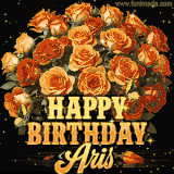 Animated bouquet of orange roses with moving butterfles and golden 'Happy Birthday Aris' text, surrounded by sparkling accents and a dark backdrop for a luxurious feel.