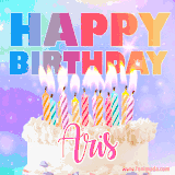 A vibrant animated name GIF with the words 'Happy Birthday Aris' with colorful candles on a creamy cake. The background sparkles with pastel shades, adding a festive touch.