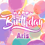 A vibrant name GIF featuring colorful balloons in shades of pink, orange, and yellow with the bold text 'Happy Birthday Aris' in festive fonts, creating a lively birthday vibe.
