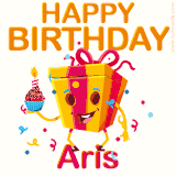 A vibrant and funny gift box character with a happy face dancing with a cupcake and the text 'Happy Birthday Aris,' surrounded by animated confetti and party vibes.