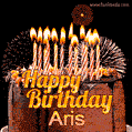 A rich chocolate cake topped with glowing birthday candles and surrounded by bright fireworks. The animated GIF displays the message 'Happy Birthday Aris' in golden text.