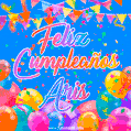 A vibrant animated GIF with 'Feliz Cumpleaños Aris' written in colorful script, surrounded by balloons, confetti, and bunting on a bright blue background.