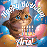 A playful tabby cat sits behind a colorful birthday cake surrounded by balloons and confetti, with 'Happy Birthday Aris!' written above in festive letters.