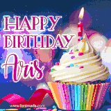 A festive animated GIF featuring a colorful cupcake with a single lit candle, sprinkles, and 'Happy Birthday Aris' text against a sparkling, celebratory background.