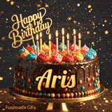Golden lettering spelling Aris on a rich chocolate birthday cake decorated with rainbow sprinkles.