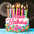 Amazing Animated GIF Image for Aris with Birthday Cake and Fireworks