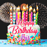 A lively happy birthday animated GIF showcasing a colorful birthday cake covered in sprinkles, topped with glowing candles, and surrounded by vibrant fireworks. The name 'Aris' is featured in elegant script.
