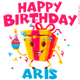 A funny animated birthday GIF with the words 'Happy Birthday Arisa', colorful gift box with arms and legs, holding a cupcake with a lit candle  with confetti everywhere.