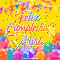 A bright and festive GIF with the text 'Feliz Cumpleaños Arisa' in Spanish in colorful fonts, surrounded by confetti, balloons, and festive banners on a vibrant yellow background.