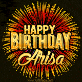 Golden 'Happy Birthday Arisa' text accompanied by animated rainbow fireworks for a festive animated greeting.