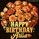 Animated bouquet of orange roses with moving butterfles and golden 'Happy Birthday Arisa' text, surrounded by sparkling accents and a dark backdrop for a luxurious feel.