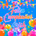 A vibrant animated GIF with 'Feliz Cumpleaños Arish' written in colorful script, surrounded by balloons, confetti, and bunting on a bright blue background.