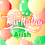 Animated GIF featuring colorful balloons in the background with the cheerful text 'Happy Birthday Arish'.
