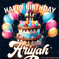 Hand-drawn happy birthday cake adorned with an arch of colorful balloons - name GIF for Ariyah