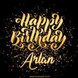 Animated GIF with colorful, festive 'Happy Birthday Arlan' text decorated with patterns, a party hat, and falling confetti. A vibrant and cheerful design for birthday celebrations.