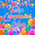 A vibrant animated GIF with 'Feliz Cumpleaños Arlan' written in colorful script, surrounded by balloons, confetti, and bunting on a bright blue background.