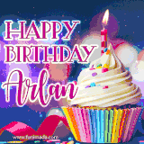 A festive animated GIF featuring a colorful cupcake with a single lit candle, sprinkles, and 'Happy Birthday Arlan' text against a sparkling, celebratory background.