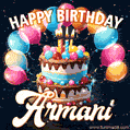 Hand-drawn happy birthday cake adorned with an arch of colorful balloons - name GIF for Armani