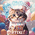 Happy birthday gif for Arrow with cat and cake