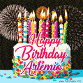 Amazing Animated GIF Image for Artemio with Birthday Cake and Fireworks