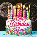Amazing Animated GIF Image for Arun with Birthday Cake and Fireworks