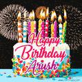 Amazing Animated GIF Image for Arush with Birthday Cake and Fireworks