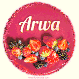 Beautifully decorated red velvet berry birthday cake with vibrant fruits and a glowing 'Arwa' name, adding a touch of sweetness and sparkle.