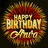 Golden 'Happy Birthday Arwa' text accompanied by animated rainbow fireworks for a festive animated greeting.