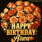 Animated bouquet of orange roses with moving butterfles and golden 'Happy Birthday Arwa' text, surrounded by sparkling accents and a dark backdrop for a luxurious feel.