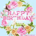 A charming animated GIF featuring 'Happy Birthday Arwa' in pink and green text, surrounded by delicate roses, leaves, and fluttering butterflies on a soft light blue pastel background.